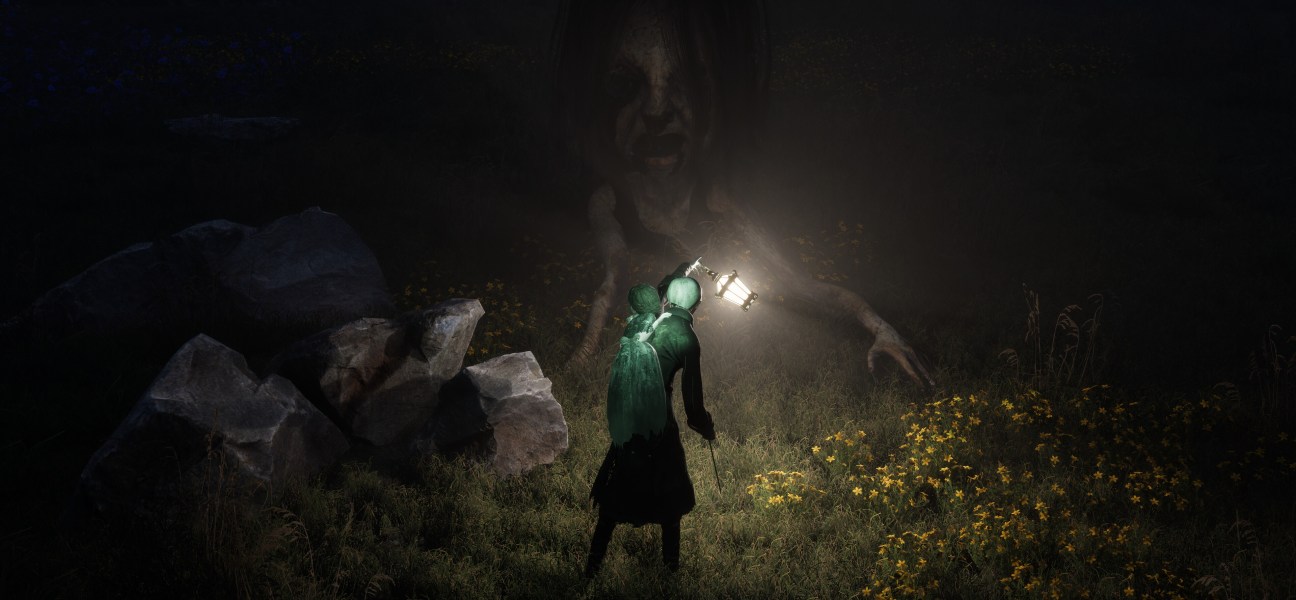 Clover confronts a shadowy figure with a lantern in a dark, eerie landscape.