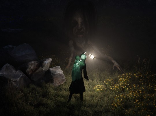 Clover confronts a shadowy figure with a lantern in a dark, eerie landscape.