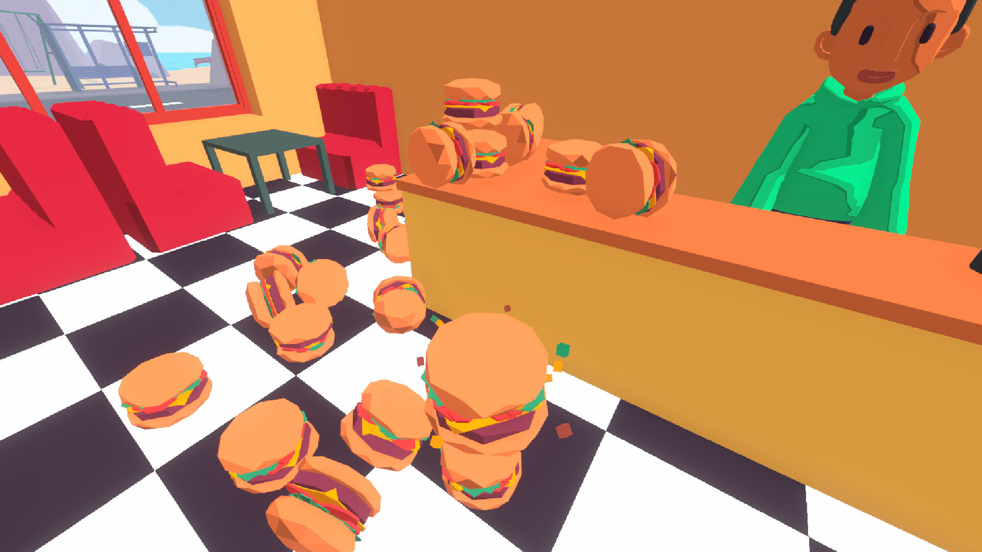 Colorful scene from Zoopunk featuring a character and scattered burgers