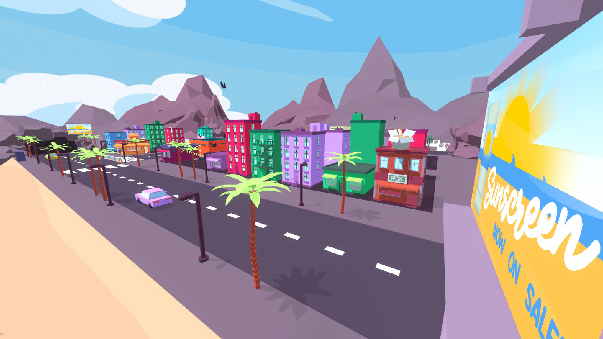 Colorful cityscape from Zoopunk showcasing vibrant buildings and palm trees