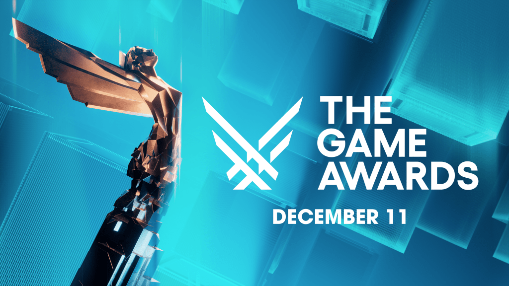 A promotional graphic for The Game Awards 2025 featuring a stylized trophy and the event date, December 11, displayed against a blue geometric background.