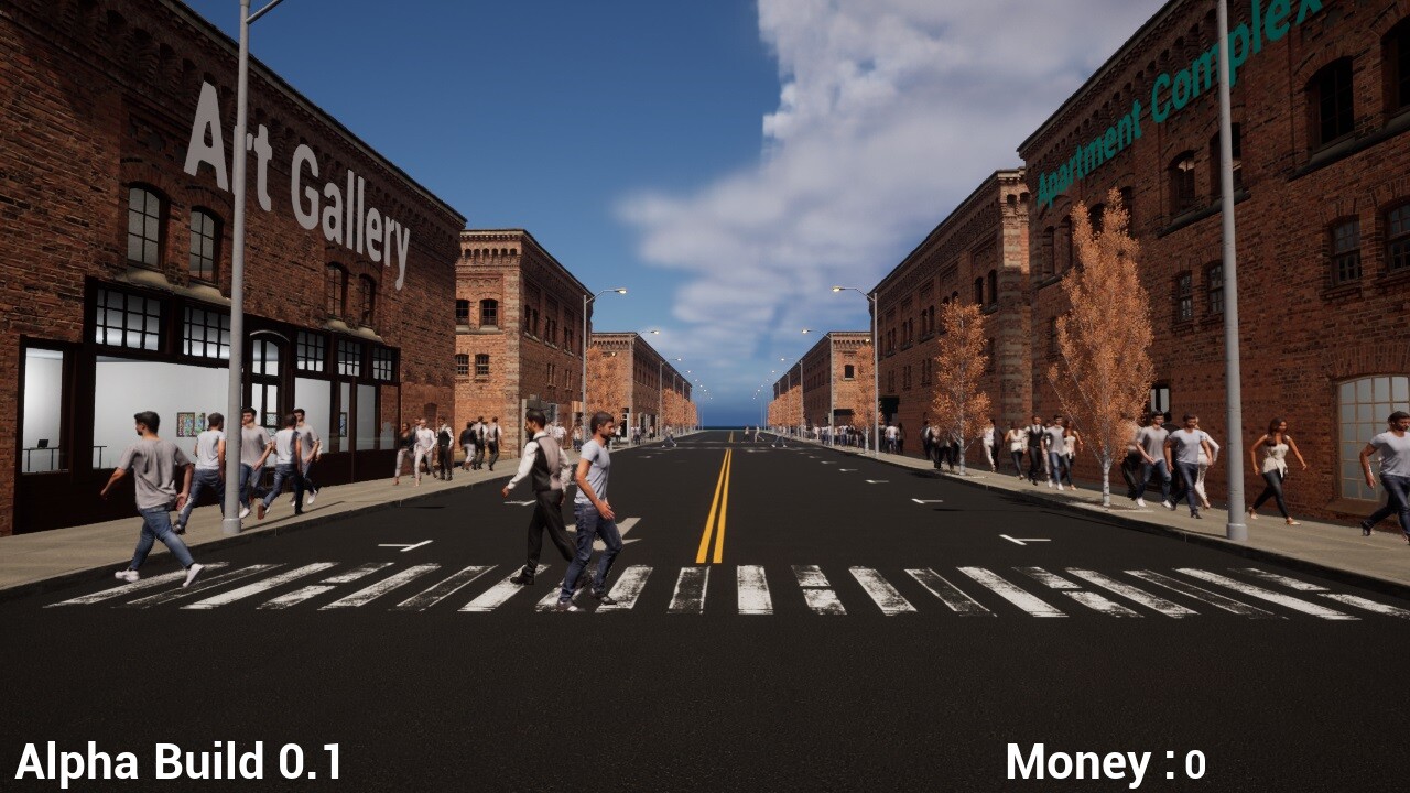 A street scene with pedestrians and buildings in a game environment.