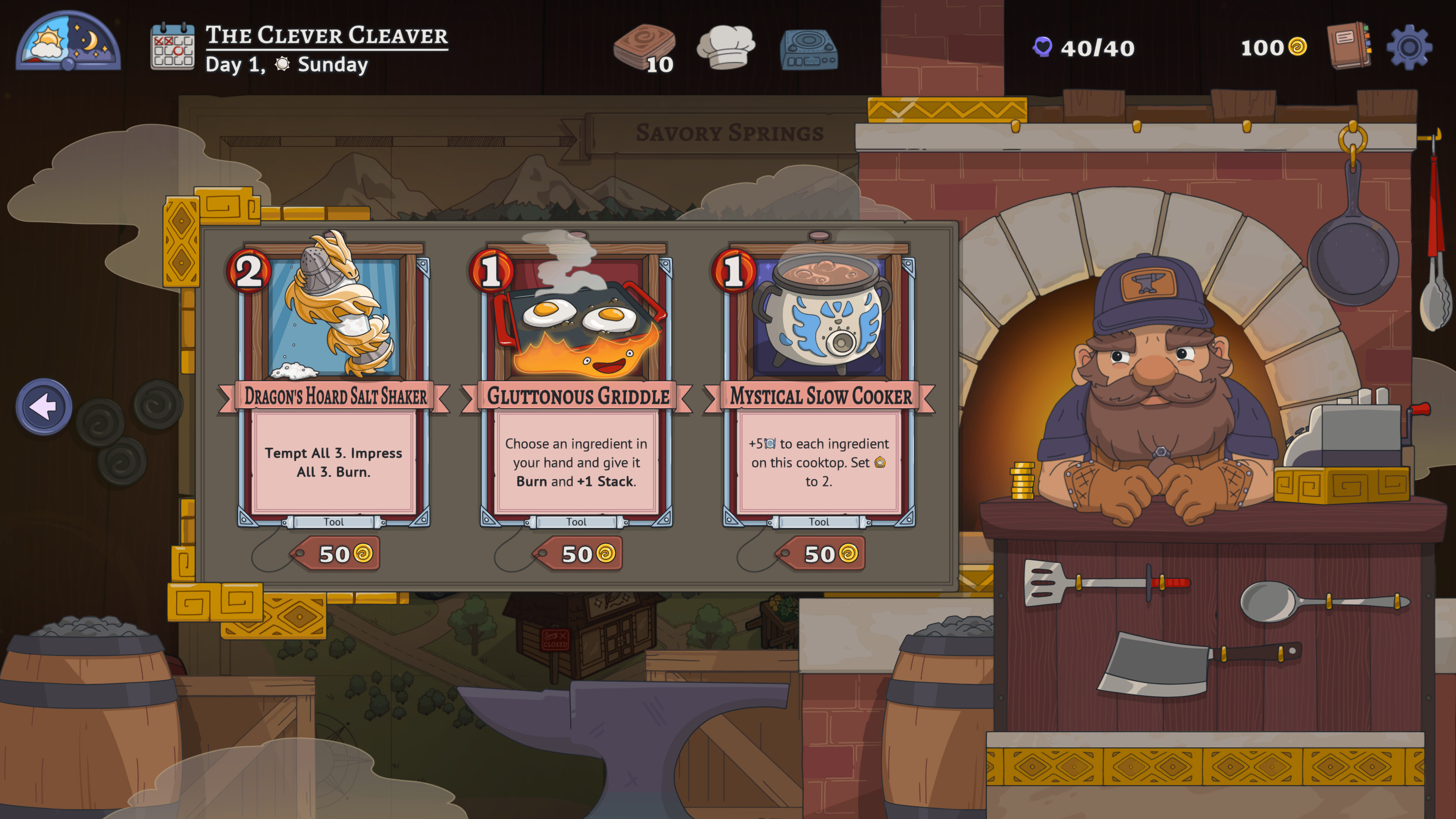 Gameplay screenshot of Arcane Eats featuring ingredient cards and a chef character.