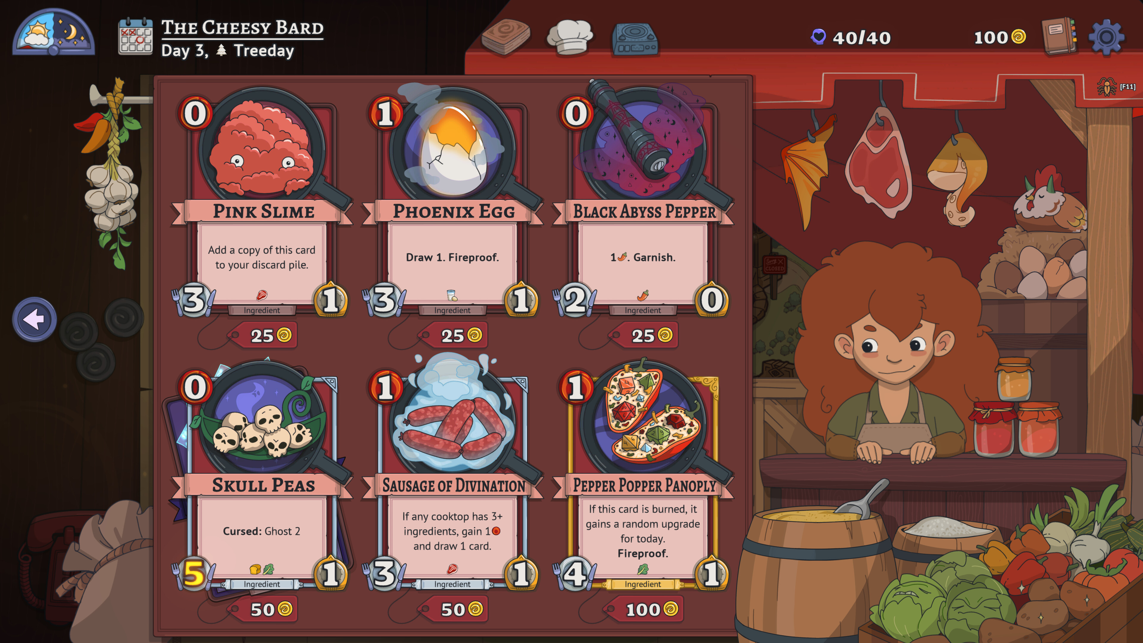 Gameplay screenshot of Arcane Eats featuring ingredient cards and a chef character.