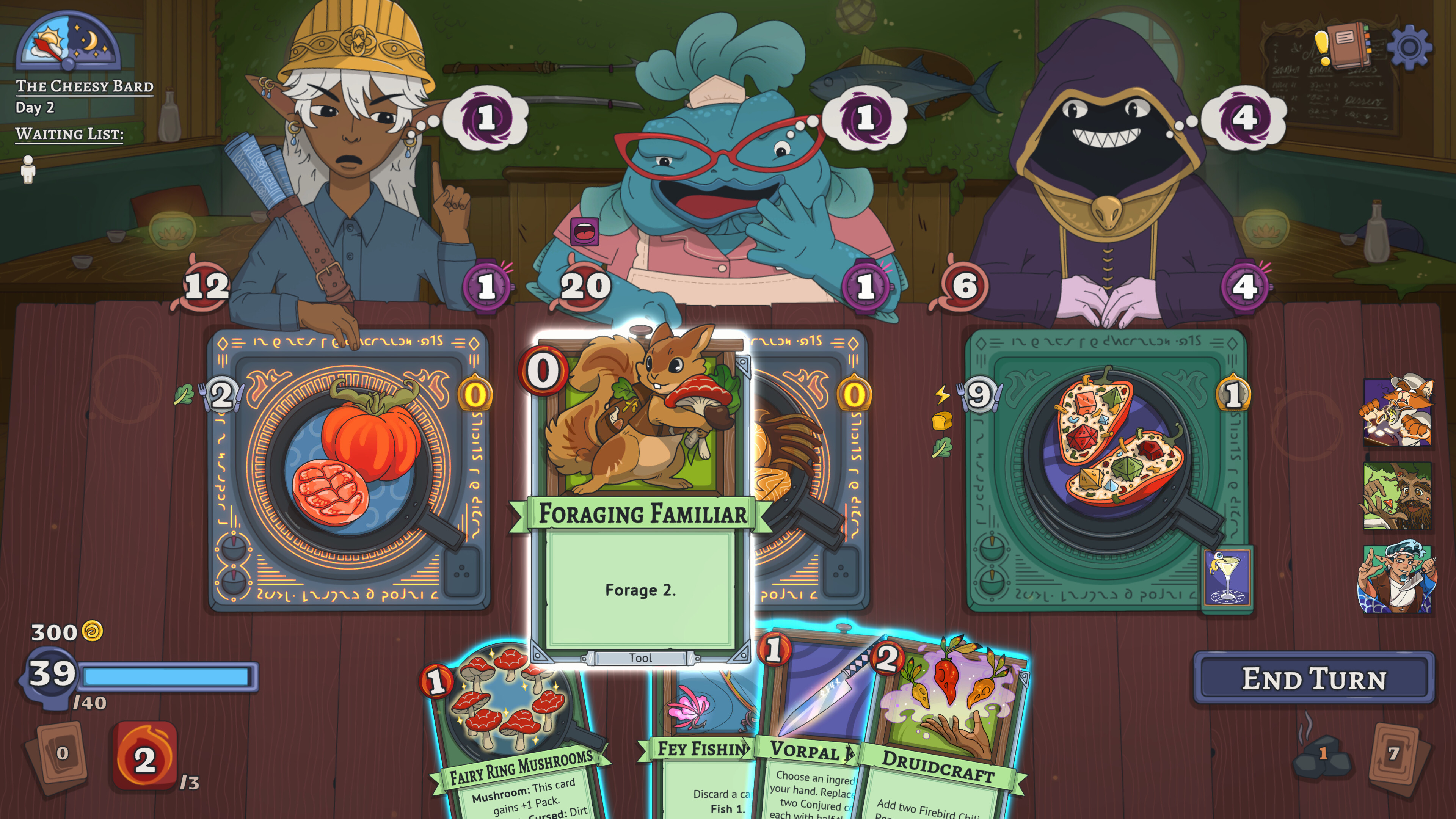Gameplay screenshot of Arcane Eats showcasing card mechanics and characters