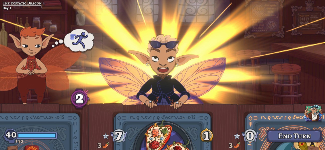 Exciting gameplay moment in Arcane Eats showcasing magical chefs and ingredient cards.