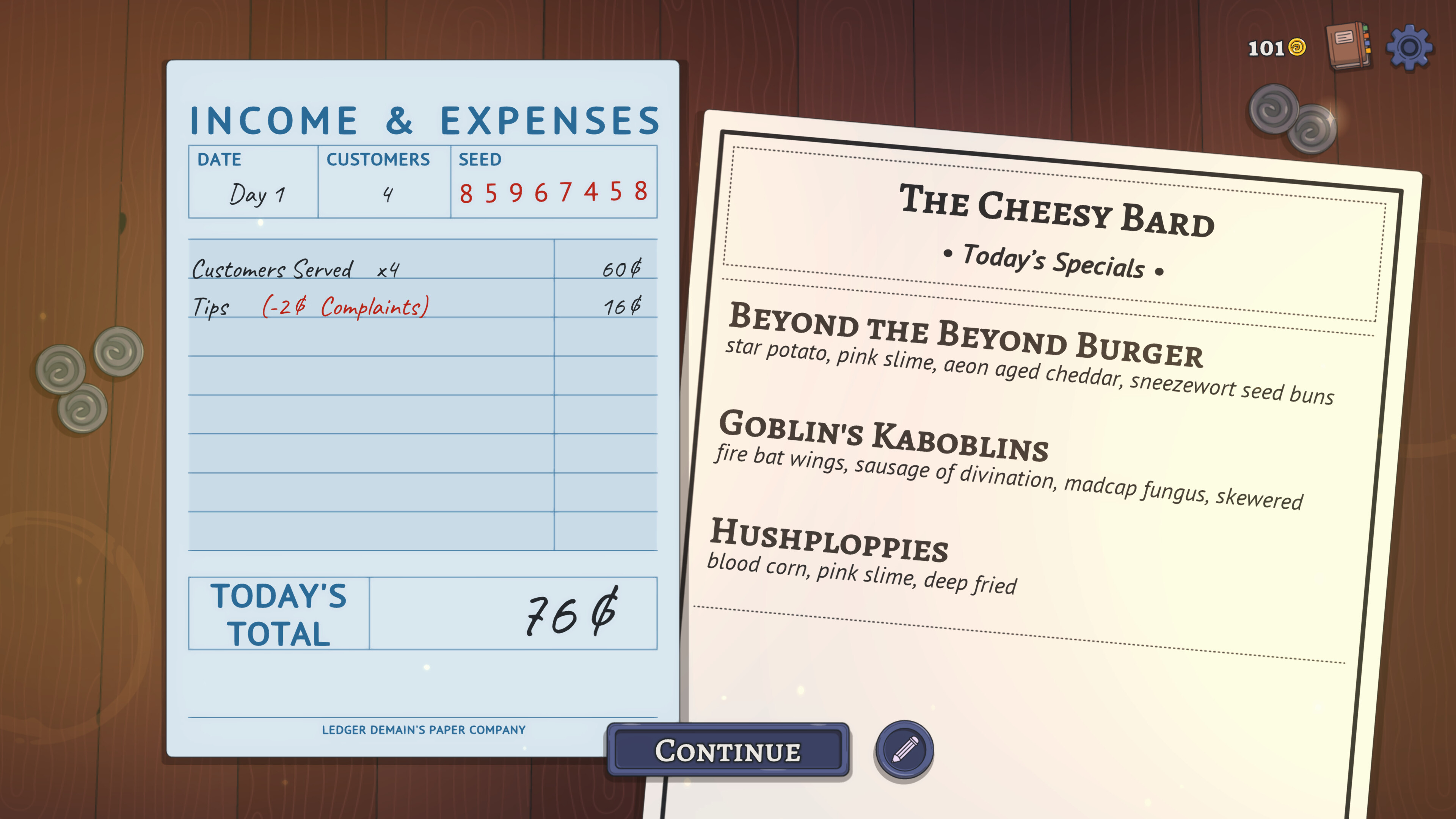 Arcane Eats income report and today's special menu display