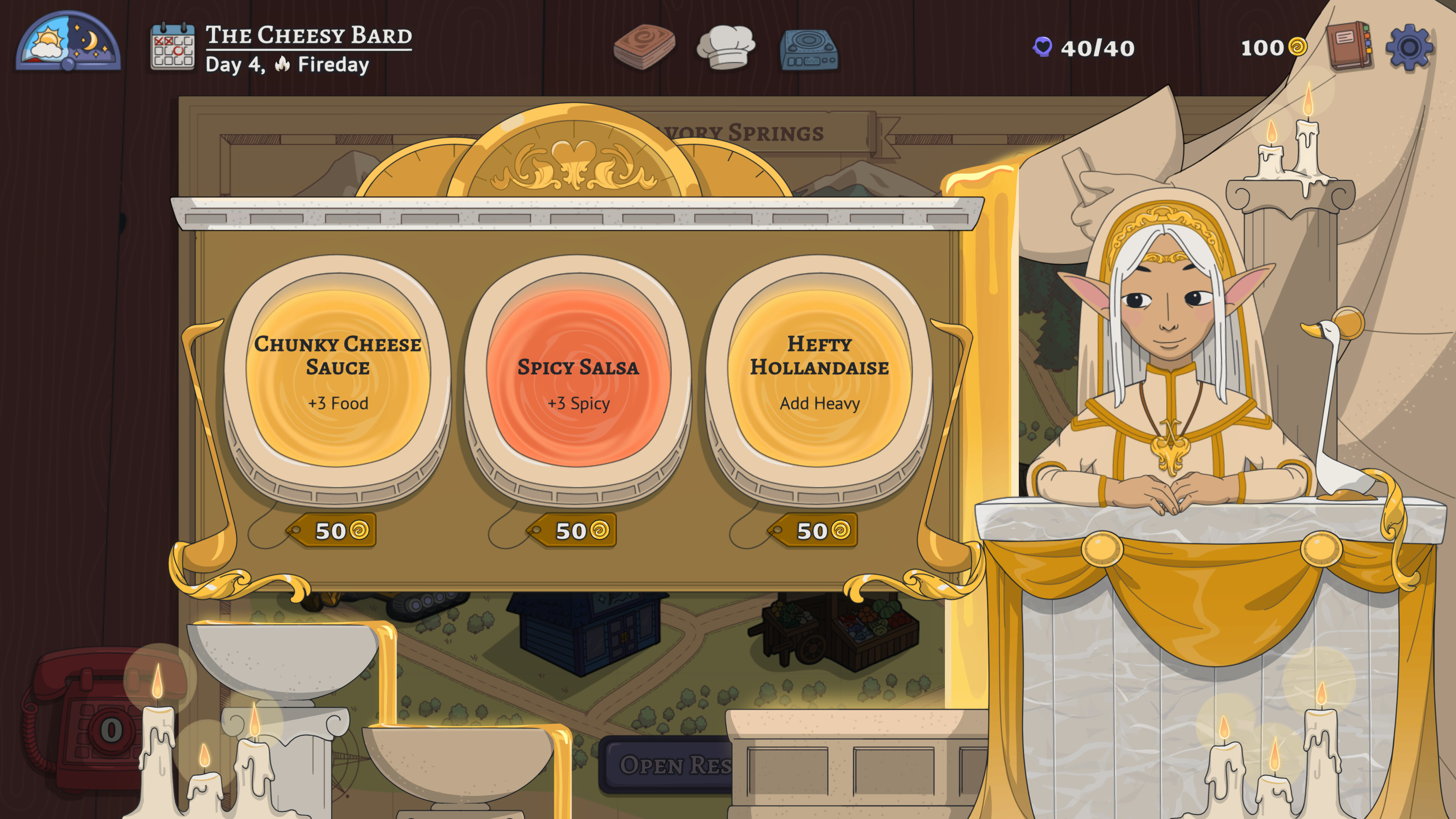 Arcane Eats gameplay showcasing dish selection at The Cheesy Bard restaurant