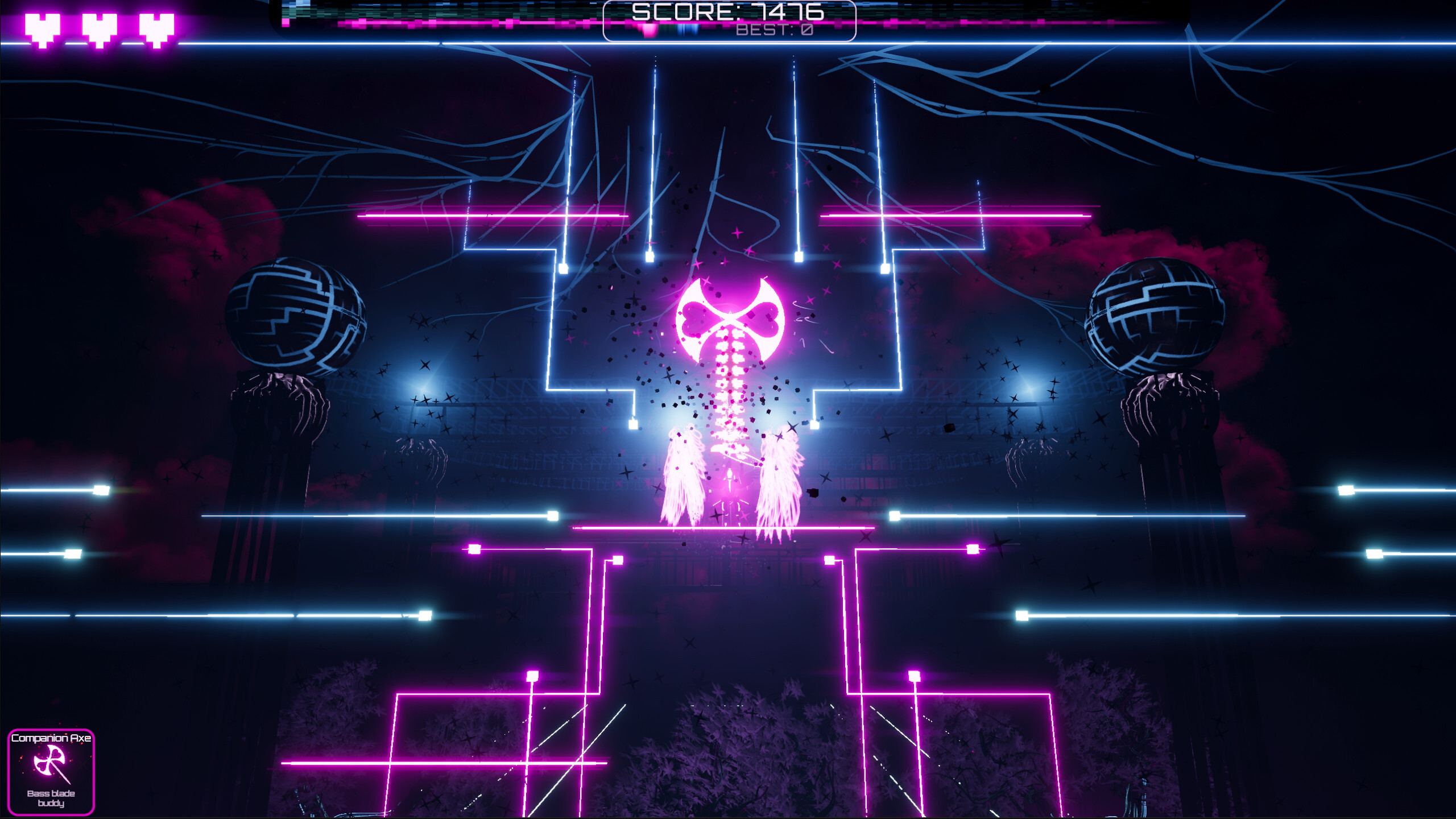 Vibrant neon visuals from AUDIOMECH game showcasing dynamic audio-reactive gameplay.