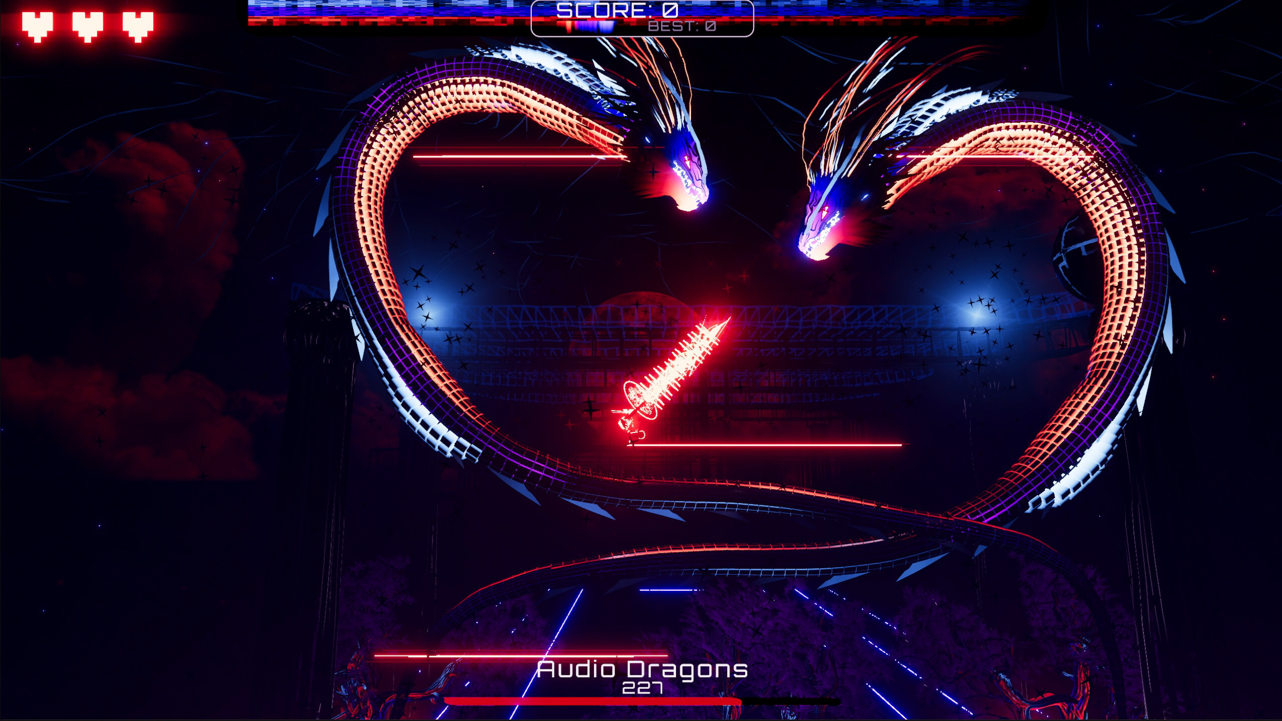 Dynamic action scene from AUDIOMECH featuring audio-reactive dragons and mech gameplay.