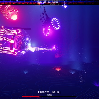 Colorful action scene from AUDIOMECH featuring vibrant mech and audio-reactive elements.