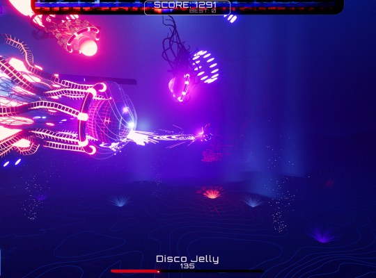 Colorful action scene from AUDIOMECH featuring vibrant mech and audio-reactive elements.