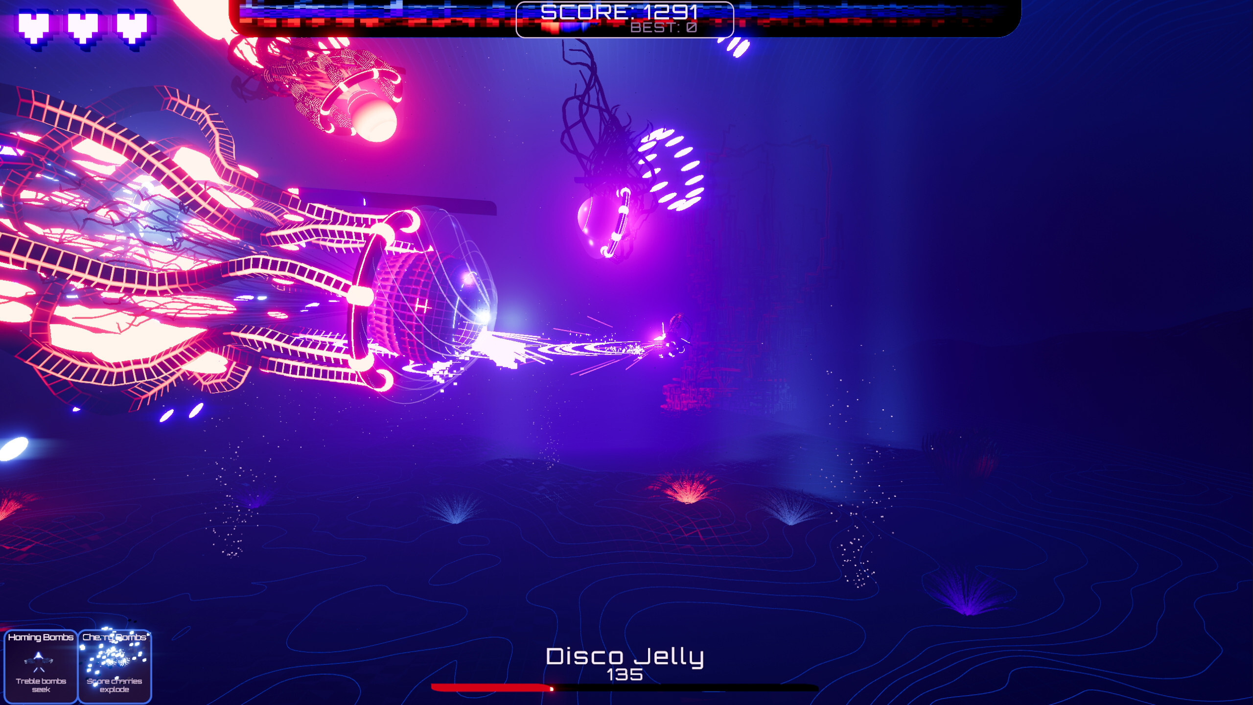 Colorful action scene from AUDIOMECH featuring vibrant mech and audio-reactive elements.