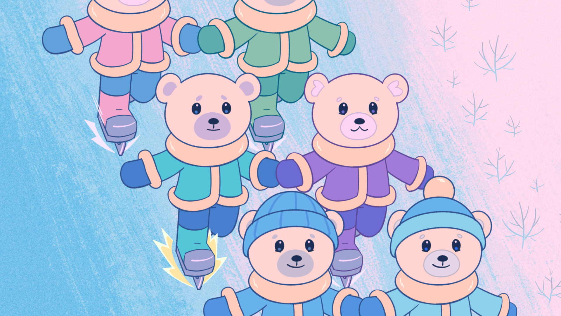 Colorful animated bears ice skating in a winter scene.