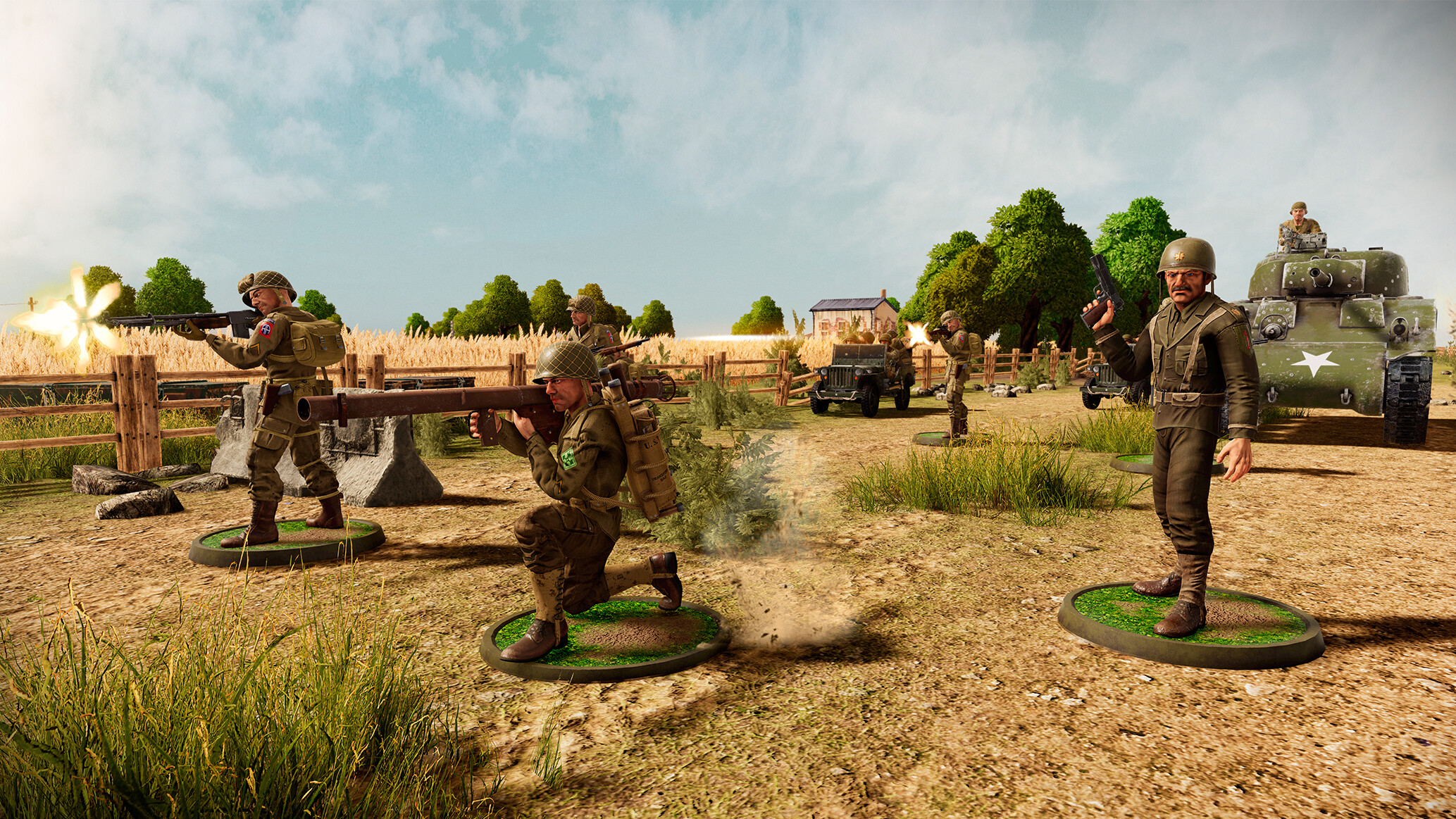 Bolt Action tabletop game scene with soldiers and vehicles in a WWII setting