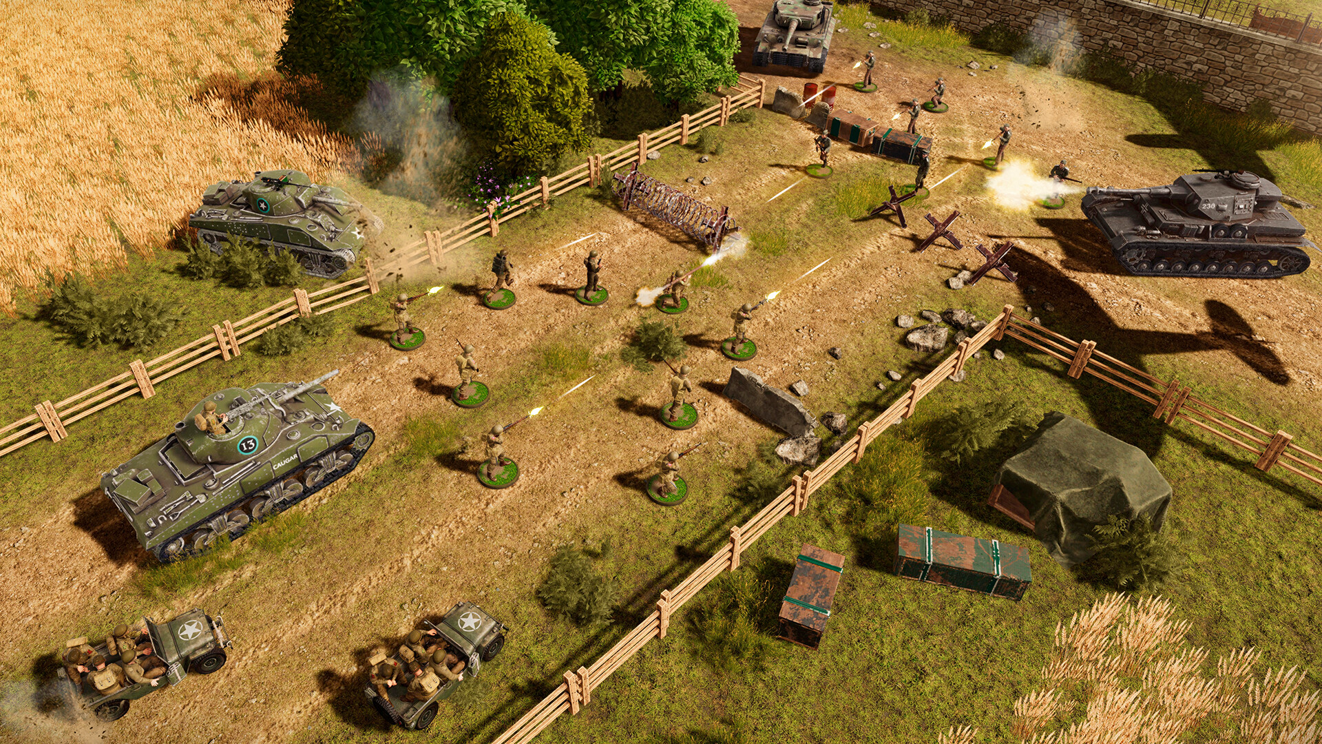 Strategic World War II battle scene with tanks and soldiers in Bolt Action game