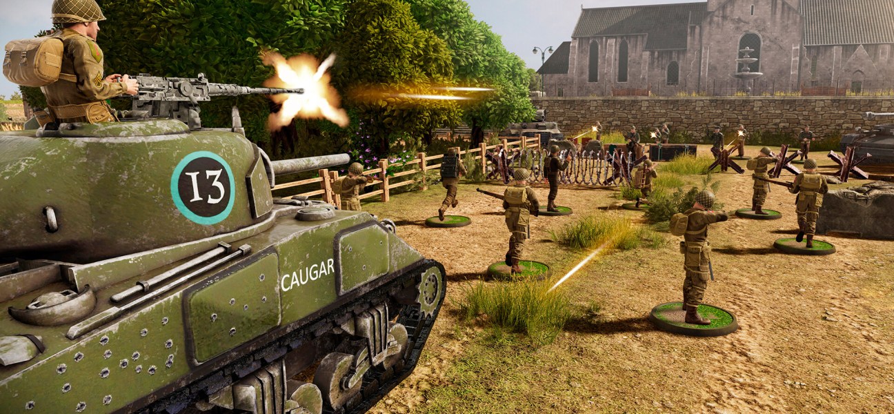 Bolt Action WWII strategy game with tank and soldiers in action.