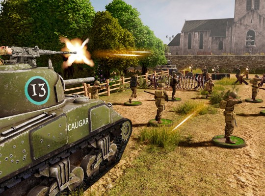 Bolt Action WWII strategy game with tank and soldiers in action.