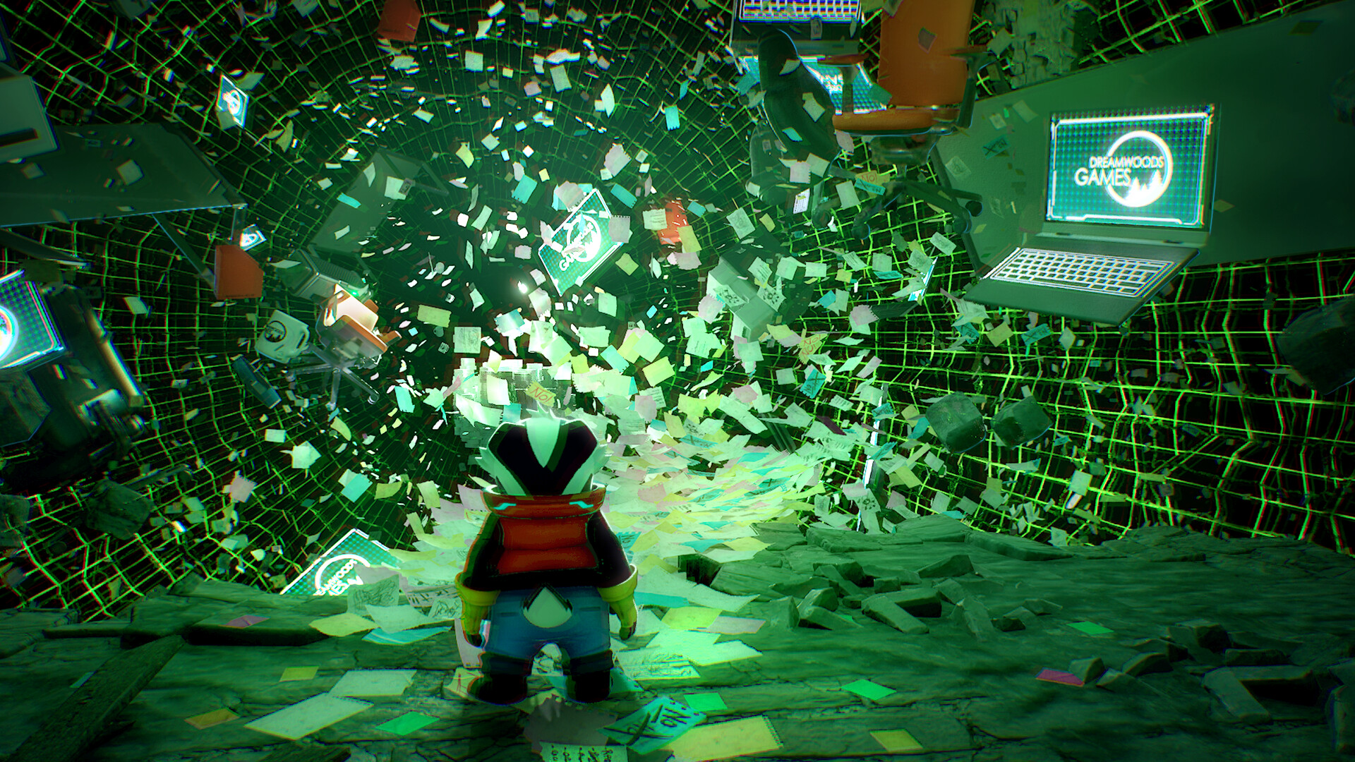 Bradley the Badger explores a vibrant, glitchy game world filled with digital debris.