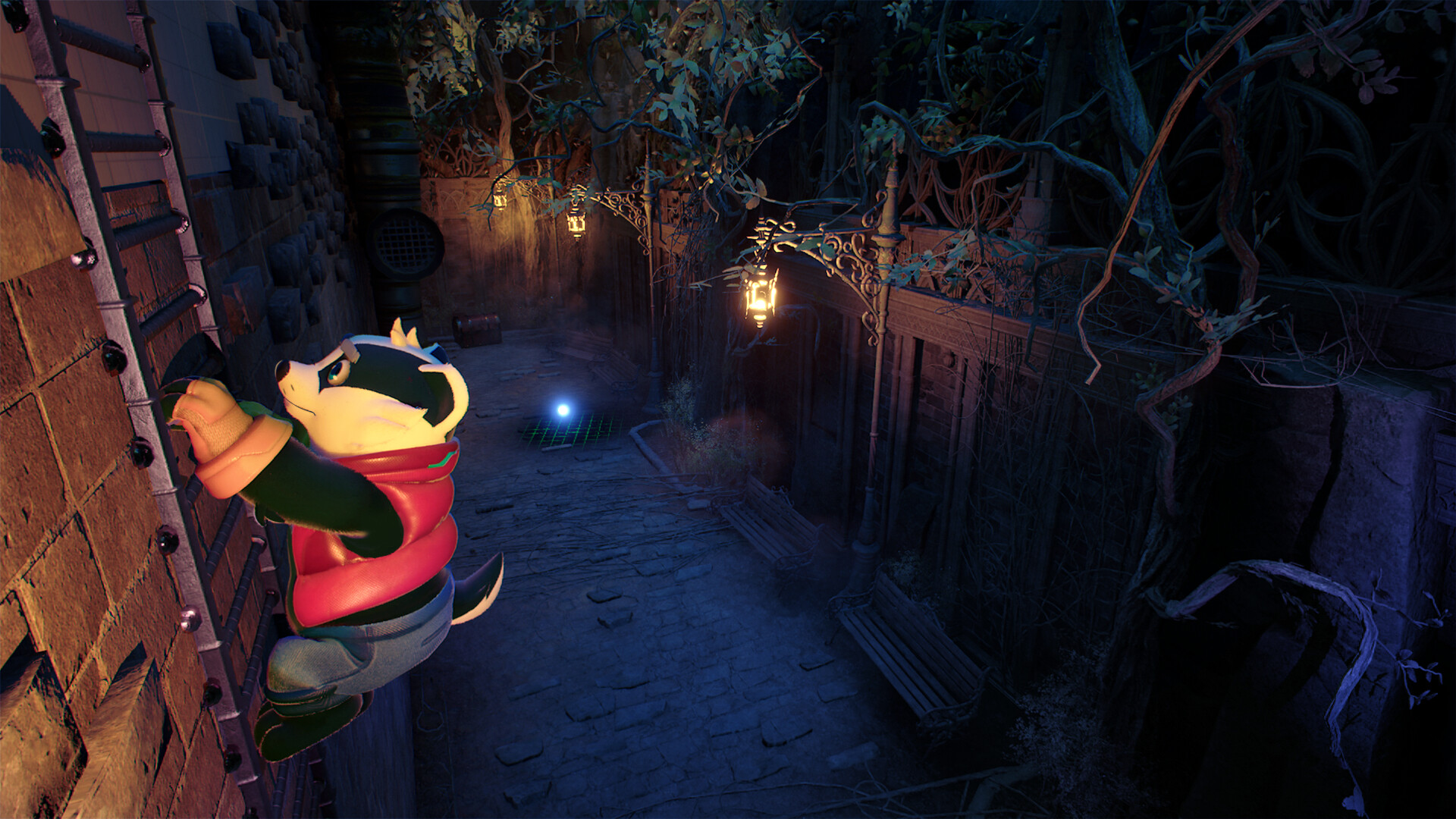 Bradley the Badger climbing in a dark, atmospheric game world with lanterns.
