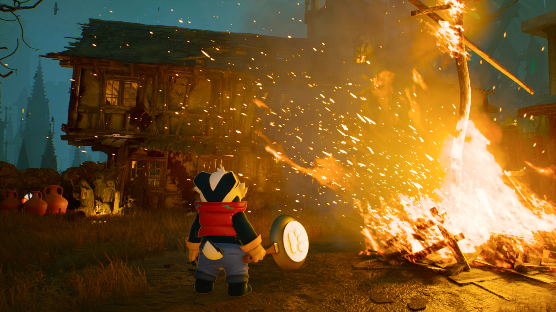 Bradley the Badger explores a fiery scene in a whimsical game world.