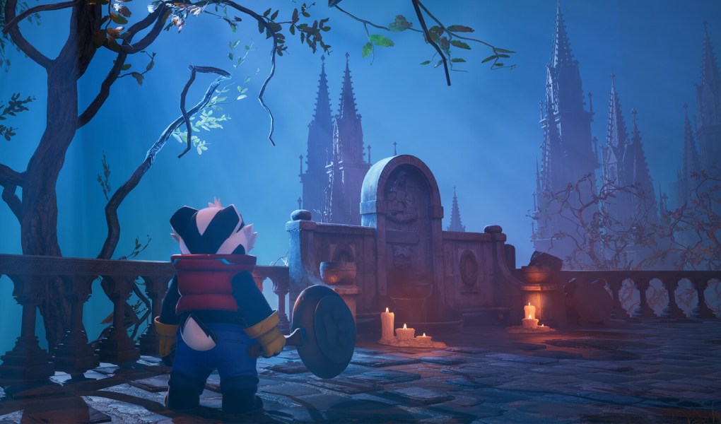 Bradley the Badger explores a mystical, atmospheric game world with gothic architecture.