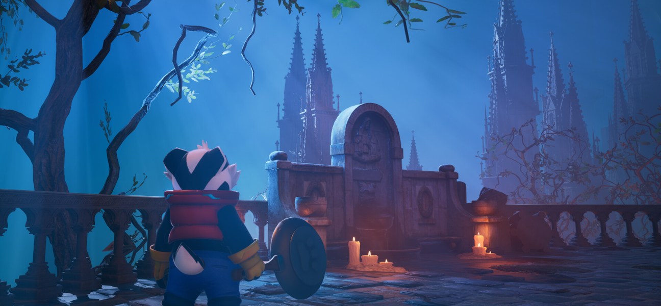 Bradley the Badger explores a mystical, atmospheric game world with gothic architecture.