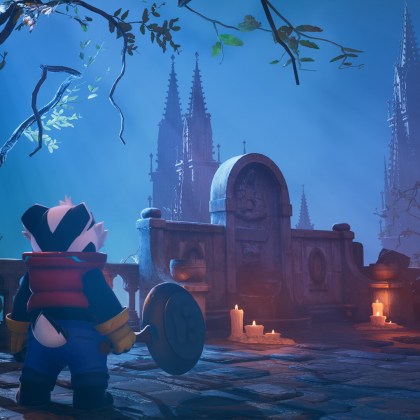 Bradley the Badger explores a mystical, atmospheric game world with gothic architecture.