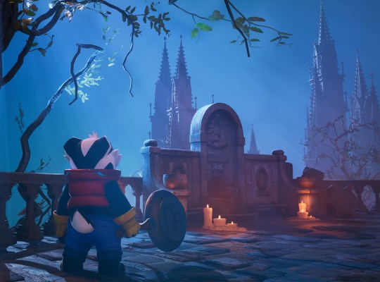 Bradley the Badger explores a mystical, atmospheric game world with gothic architecture.