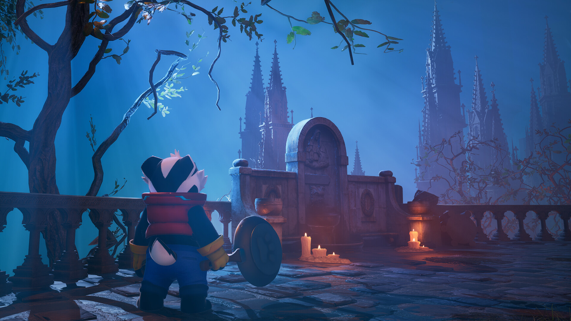 Bradley the Badger explores a mystical, atmospheric game world with gothic architecture.