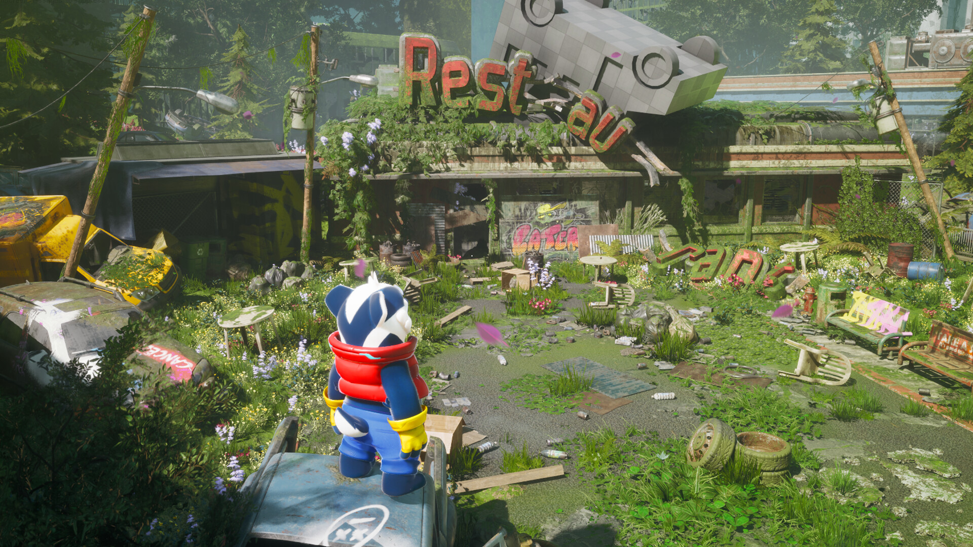Bradley the Badger explores a vibrant, overgrown restaurant in a whimsical game world.