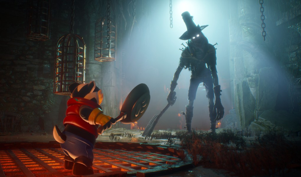Bradley the Badger confronts a menacing scarecrow in a dark, atmospheric game world.