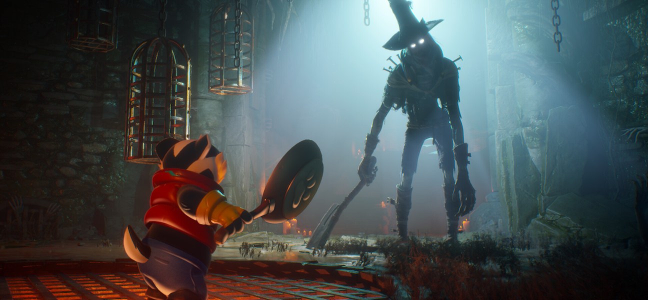 Bradley the Badger confronts a menacing scarecrow in a dark, atmospheric game world.