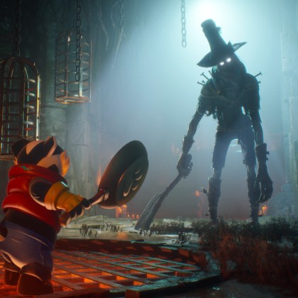 Bradley the Badger confronts a menacing scarecrow in a dark, atmospheric game world.