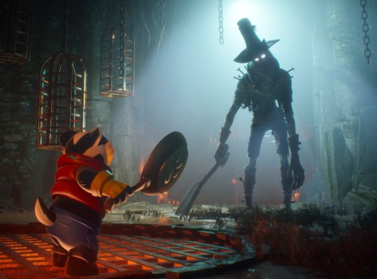 Bradley the Badger confronts a menacing scarecrow in a dark, atmospheric game world.