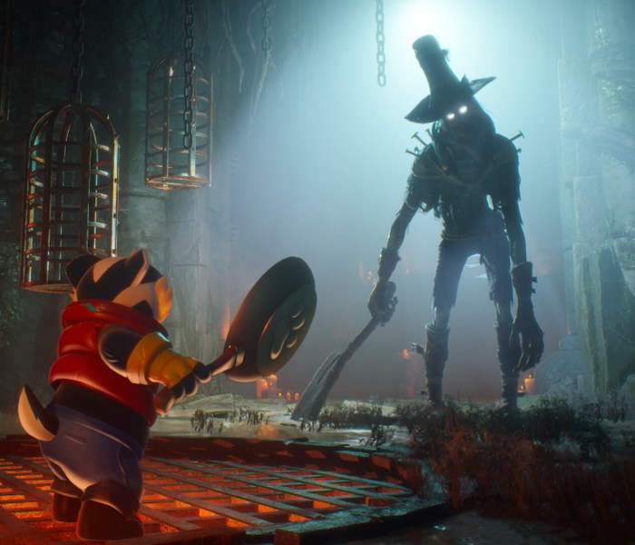 Bradley the Badger confronts a menacing scarecrow in a dark, atmospheric game world.