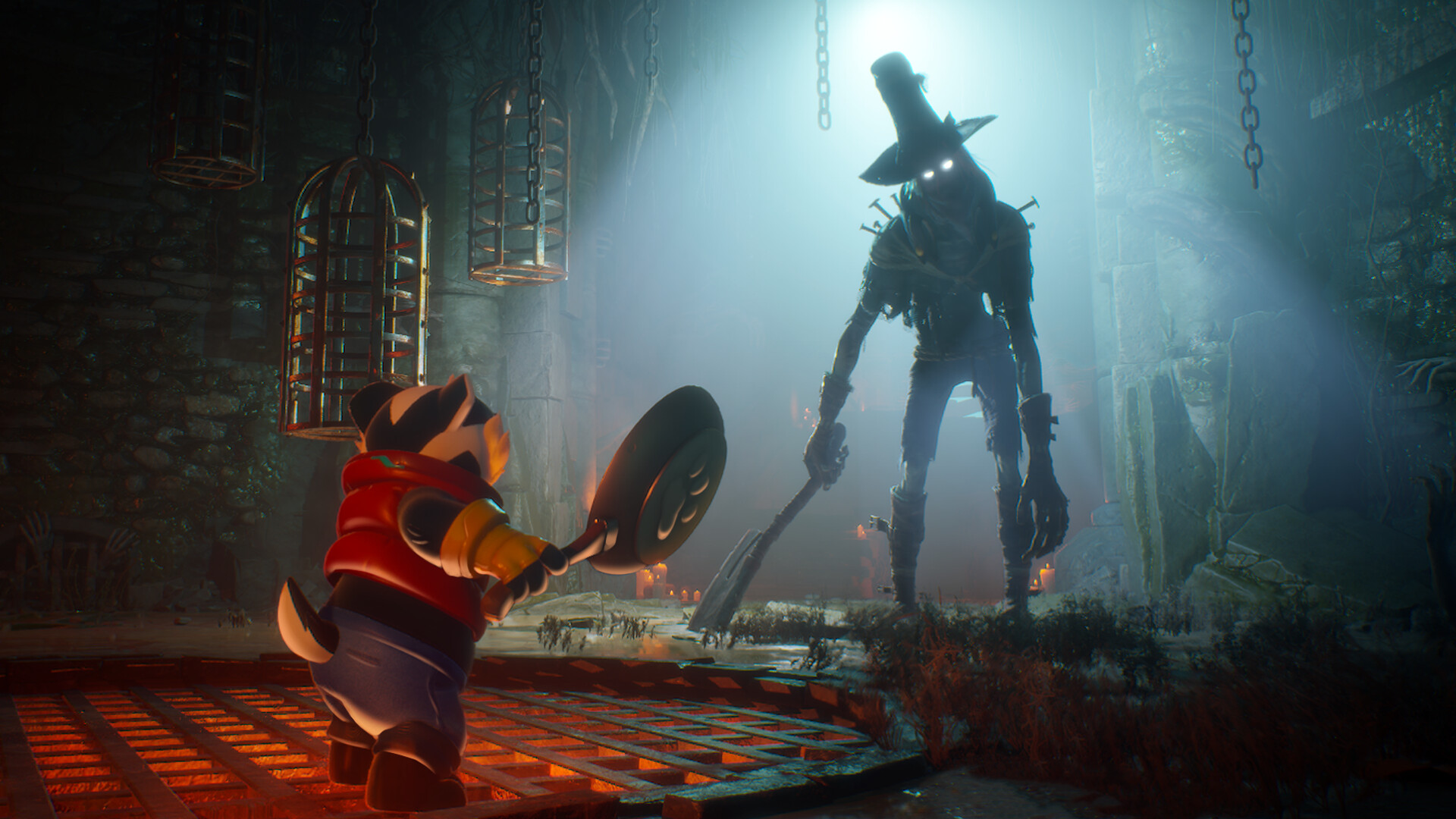 Bradley the Badger confronts a menacing scarecrow in a dark, atmospheric game world.