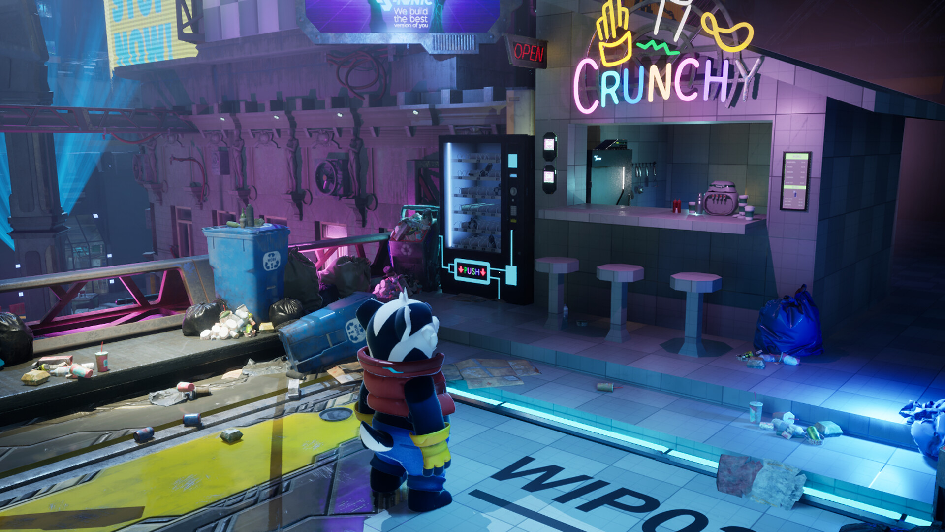 Bradley the Badger explores a vibrant, cluttered game world with neon signs and a snack bar.