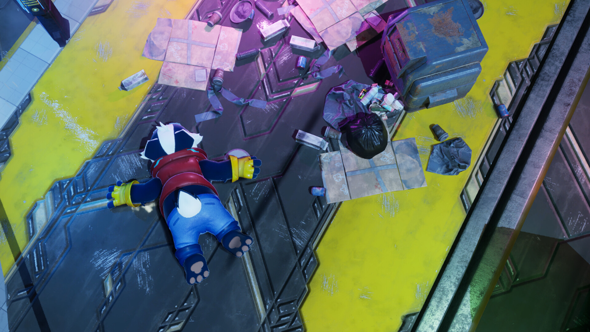 Bradley the Badger lies on a colorful, chaotic game world floor, showcasing vibrant visuals.