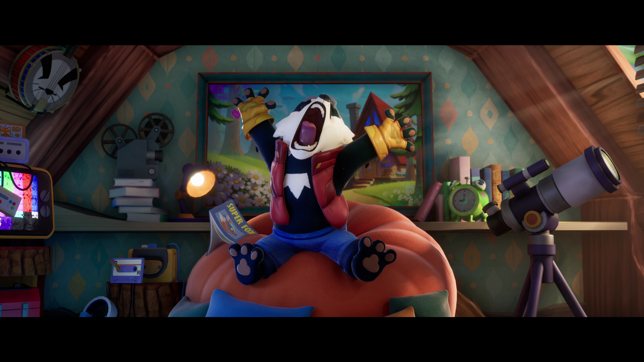 Bradley the Badger character in a cozy room, showcasing vibrant 3D art style.