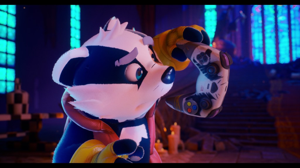 Bradley the Badger examines a game controller in a colorful, whimsical environment.