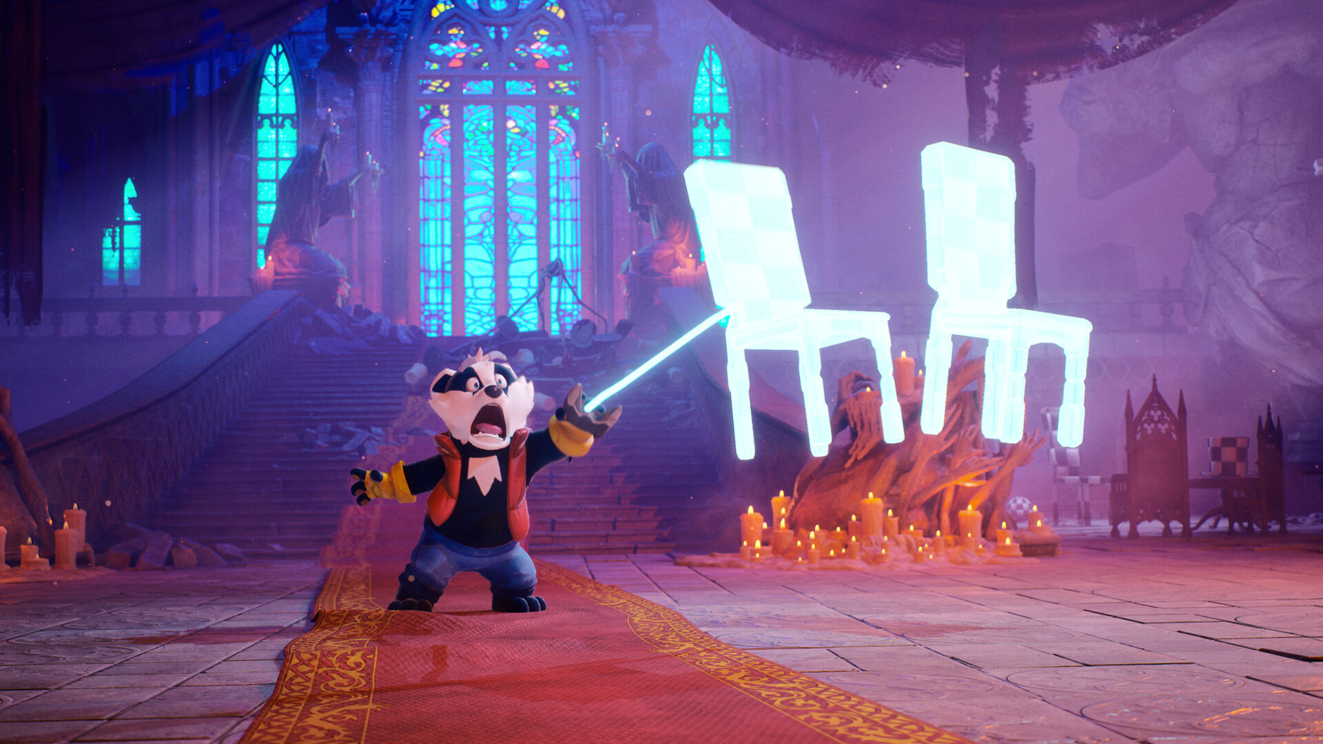 Bradley the Badger conjures floating chairs in a colorful, whimsical game world.