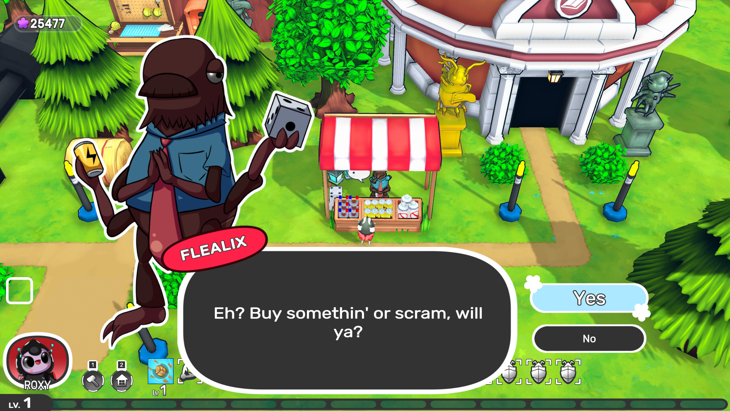 Character Flealix at a market stall in Cast Outs game