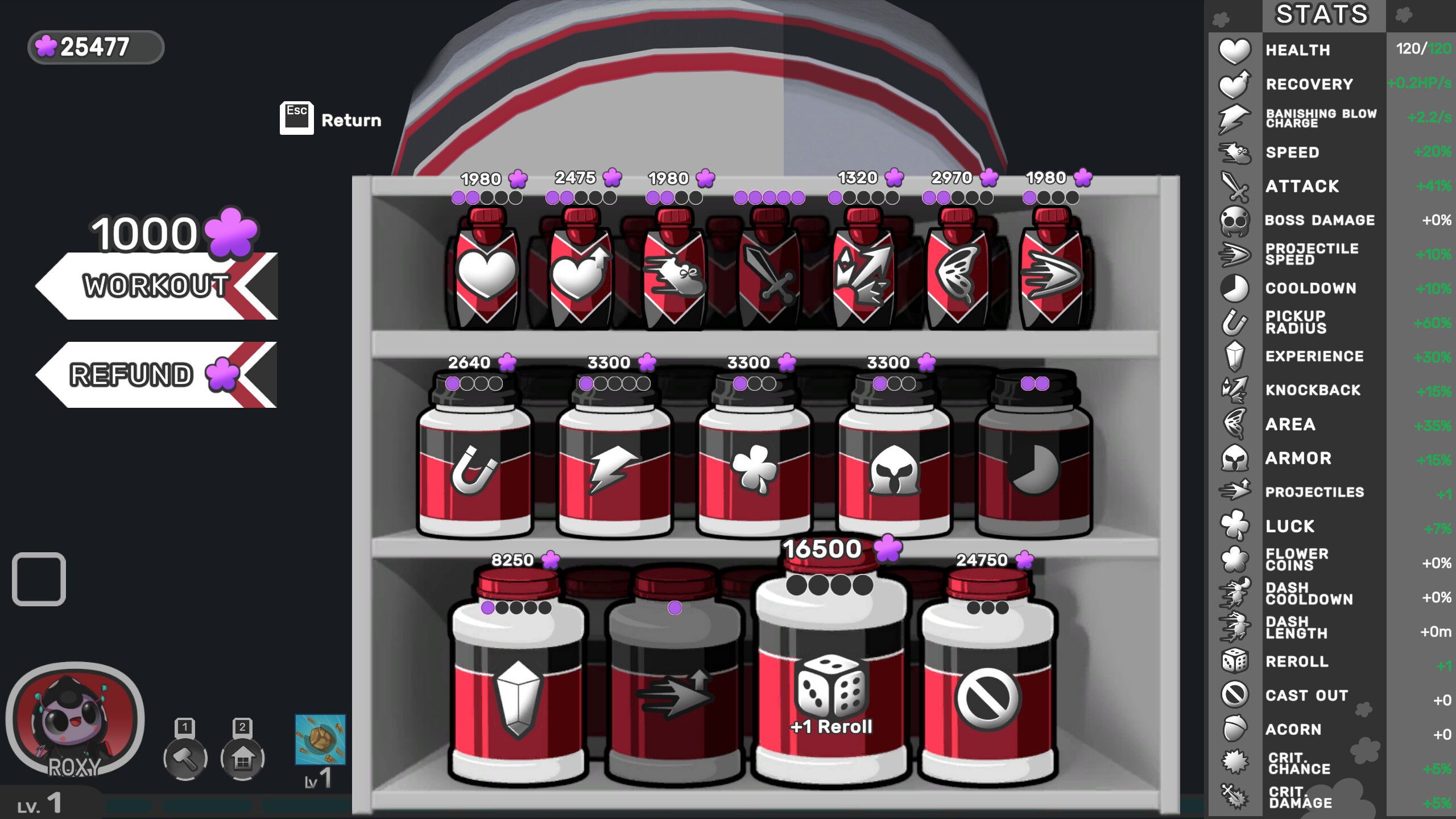 Potion inventory screen showcasing various upgrades in Cast Outs game