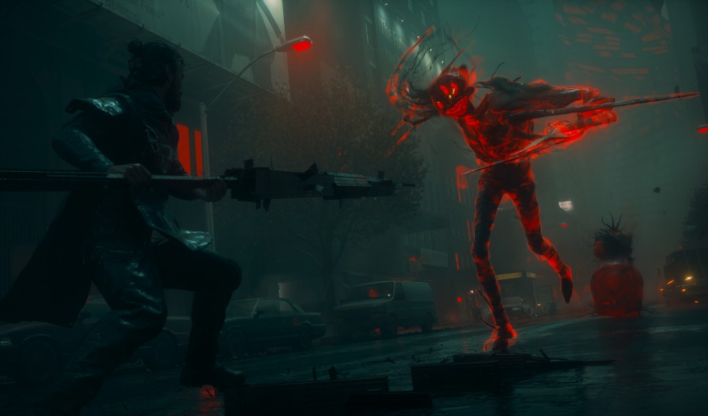 Dylan Faden battles a supernatural entity in a foggy, neon-lit Manhattan.