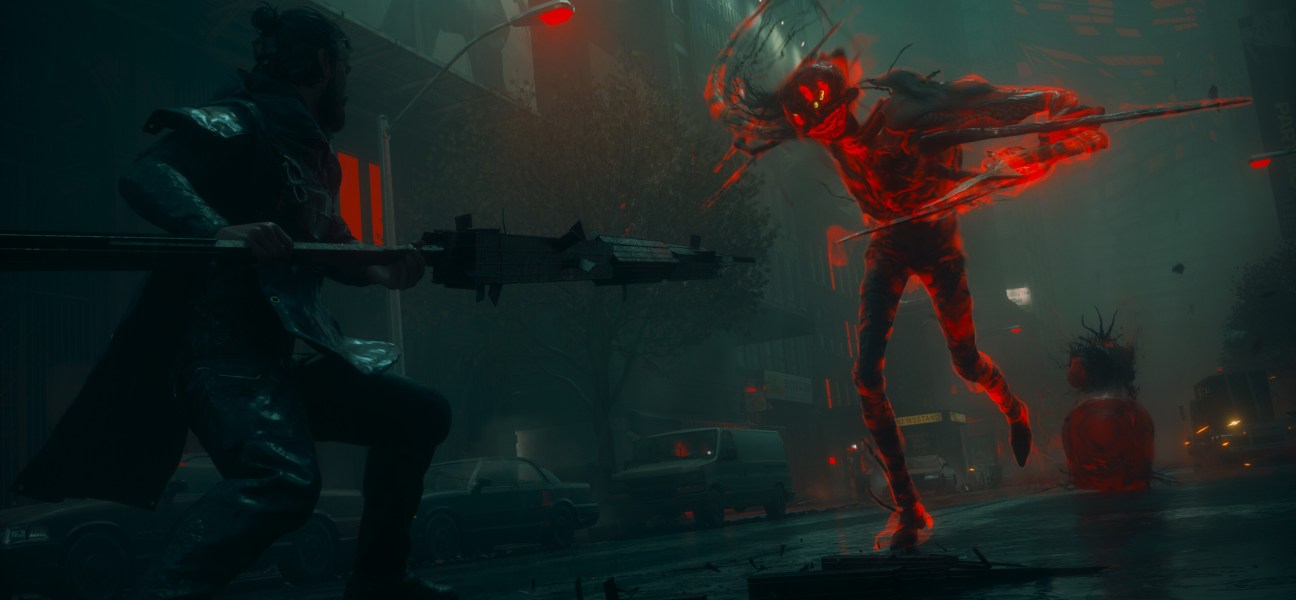 Dylan Faden battles a supernatural entity in a foggy, neon-lit Manhattan.