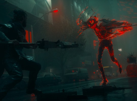 Dylan Faden battles a supernatural entity in a foggy, neon-lit Manhattan.
