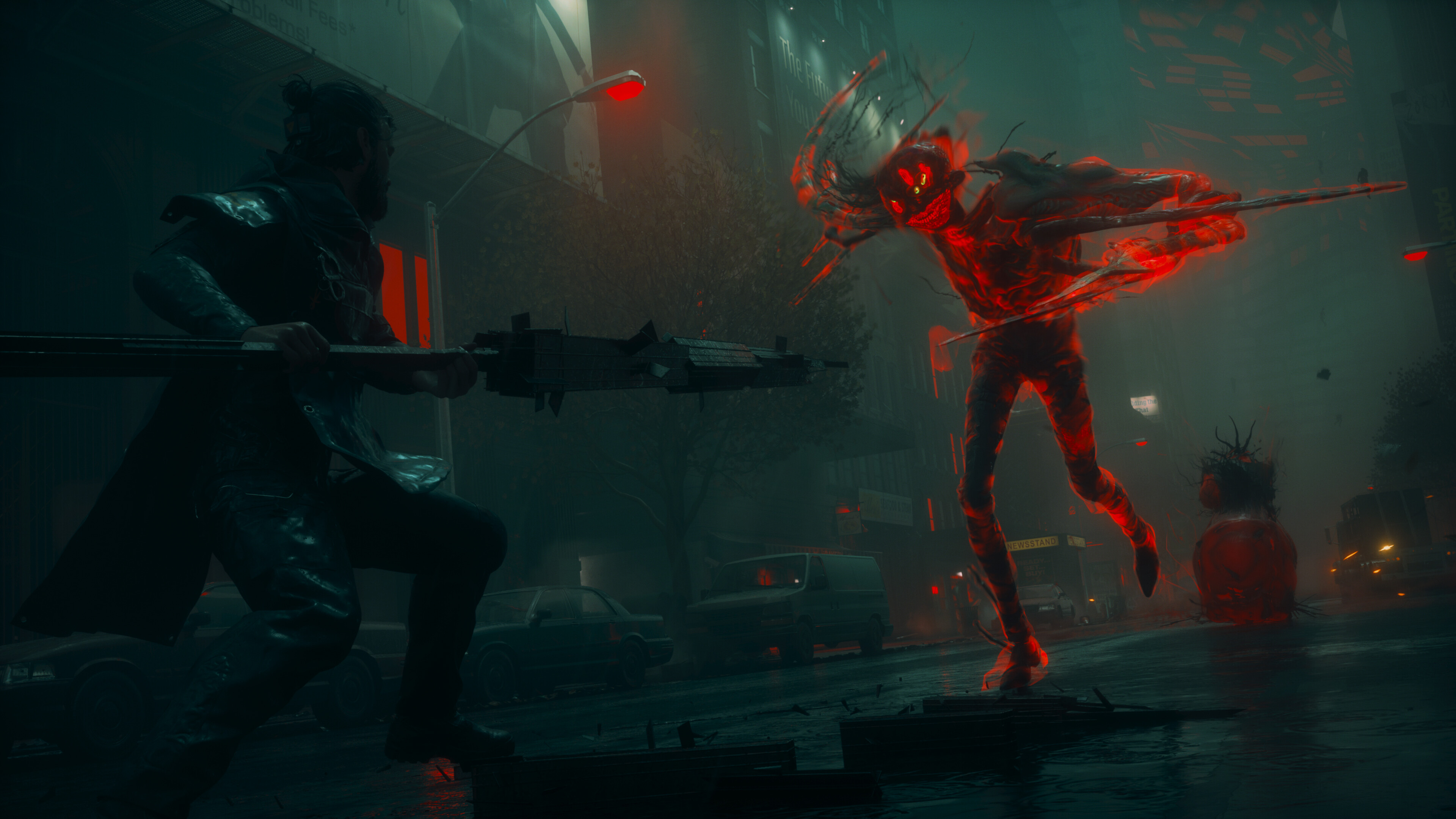 Dylan Faden battles a supernatural entity in a foggy, neon-lit Manhattan.