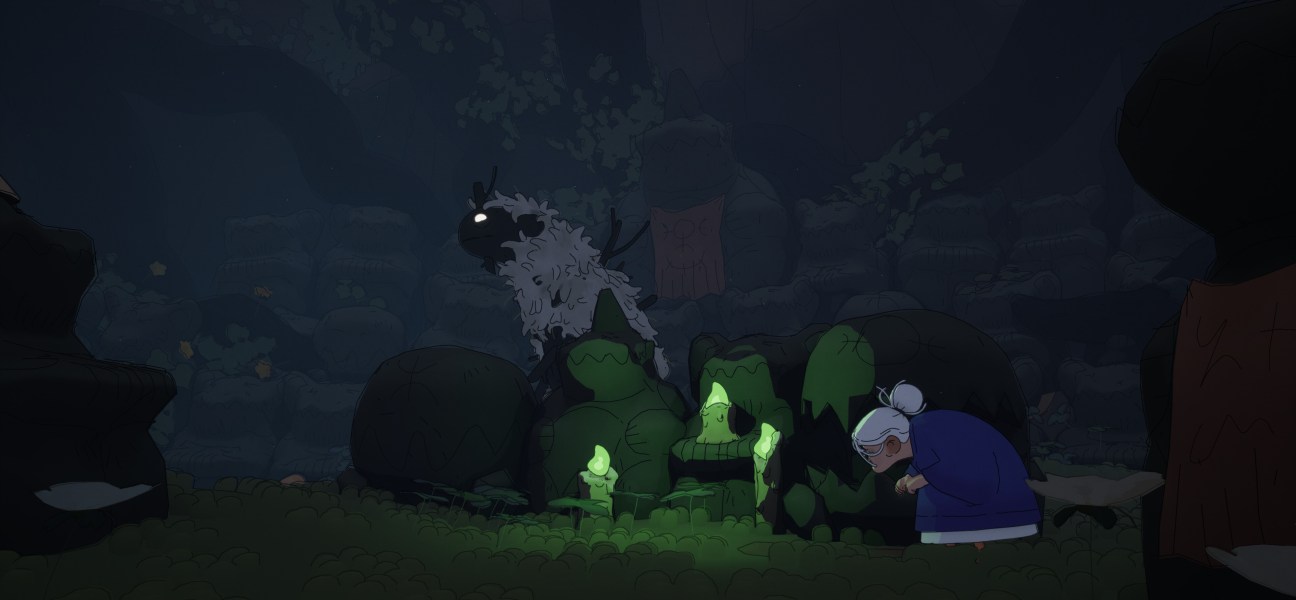 Elderly witch Gertie and her creature companion exploring a mystical cave in Coven of the Chicken Foot.