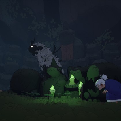 Elderly witch Gertie and her creature companion exploring a mystical cave in Coven of the Chicken Foot.